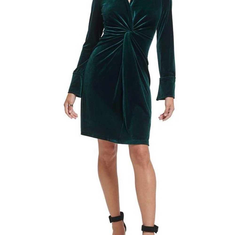 Calvin Klein Dark Green Velvet Twist-Front Long Sleeve Dress - 12